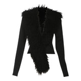 Women's Clothing 2025 Autumn And Winter New Solid Color Sexy Personality Deep V Hair Collar Splicing Long-Sleeved Top