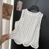 Korean Wearing A Female Summer Sweet Heavy Industry Hollow Embroidered Round Sleeveless Shirt Femininity