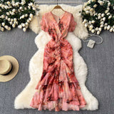 2025 New Light Luxury Chiffon Print Dress Temperament Lotus Side Fishtail Dress Female Dress Thin