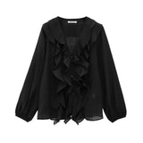 Outside 2025 Spring And Summer New Women's Fashion Casual Loose Laminated V-Neck Decorated Shirt