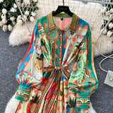 High-Grade Printed Dress Woman 2025 Spring Strap To Cover Collar Long Sleeve Single Row Buckle Folding Skirt