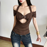 Fashion 2025 Summer New Women's Hottie Sexy Hanging Neck Hollow V Collar Fake Two Top Women