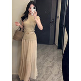 Apricot High-Waisted Folding Skirt Dress Girl 2025 Spring Lanky Wind Hanging Feeling Big Skirt A Word Long Skirt
