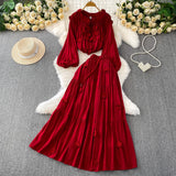 Gentle Style Pink Three-Dimensional Flower Collar Lantern Sleeve Shirt Lady Autumn High-Rise Dress Set