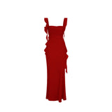 Seaside Holiday Style Temperament Sexy Irregular Dress Red Ribbon Bag Hip Dress