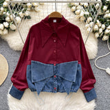 Spring Dress Korean Fashion Design With Bow Denim Spliced Long-Sleeved Shirt Women Loose Shirt Top