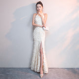 White Feather Hanging Neck Open Shoulder Fashion Atmosphere Thin Long Skirt Evening Dress Students Graduation Performance Choral Costume