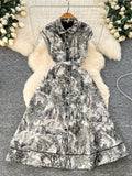 2025 New Women's High-End Elegant Dress Women's Collar Sleeveless Single Buckle Ink Painting