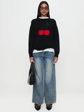 2025 New Women's Knitted Round Collar Loose Top Fashion Cherry Languid Long-Sleeved Sweater