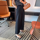 White High-Rise Water Wash Cotton Casual Suit Pants Women's Summer Thin Loose Straight Broad Leg Pants Feel Nine-Point Pants