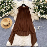 Light Luxury Famous Woman Hanging Neck Ribbon Woman 2025 Summer Atmosphere Feeling Thin Irregular Chiffon Shirt