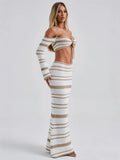 2025 New Hottie Women's Suit Summer Striped Long-Sleeved Hanging Neck Top Skirt Two-Piece Women