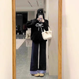 Tibetan Blue Roll Edge Design Wide Leg Slack Women 2025 Spring And Autumn High-Waist Loose Straight Straight Trousers