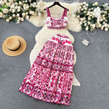 Wind Blue And White Porcelain Printing Set Women's Summer Pure Desire To Bare Belt Slings Small Vest + High Waist Mid-Long Skirt