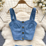 Chic Port Style Retro Hottie Set Short Sling Vest With Mini Half-Dress Denim Two-Piece Tide