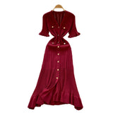 French Retro Style High-End Knitted Dress Women's Summer Lotus Side Single Buckle Design Temperament Luxury Dress