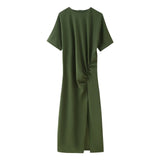 Folded Open Fork Midi Dress 2025 Spring And Summer Collar Leisure Long Dress