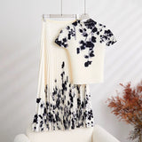 Miyaji Fashion Set Women's Summer French High-Grade Folding Print Short-Sleeved Top + Loose A Word 100-Fold Long Skirt