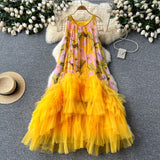 French Retro Court Style Design With A Sense Of Fashion Print Splicing Mesh Tau Pong Irregular Lotus Leaf-Side Dress Woman