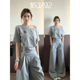 Fashion Korean Design Feels The Shoulder Shawl Wide Leg Trousers Two Sets Of Sports Style Wear Fashion Age Reduction Set