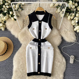 Light Luxury High Sense Sleeveless Knitted Dress Female Polo Collar Single Buckle Design Niche Sister Temperament Dress