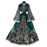 Court Style Retro Collar Single Buckle Horn Sleeve Long Lace Dress Women Fashion Print Long Dress