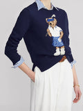 2025RL Autumn/Winter Casual Bear Embroidered Round Collar Collar Cotton Knitted Sweater For Adult Women Long-Sleeved Sweater Couple