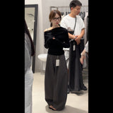 Early Autumn New Lazy Style Slanted Shoulder Long Sleeve Top With Loose Feeling Wide Leg Trousers Set