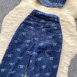 Hottie Style Metal Buckle Printing Design Chest Vest + High Waist Lanky Pants Cowboy Suit