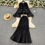 Oceanish Fashion Strap To The Waist Horn Sleeve Lotus Loaf Under The Pendulum Folding Folding Top + High-Waisted Fish Tail Half-Body Dress