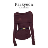 Temperament Hottie Purple Shoulder Knitted Shirt Girl Early Autumn Chic T-Shirt Long-Sleeved Top