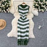 Goddess Fan Temperament Body-In-County-Necked Sleeveless Striped Knitted Dress Women's Summer Tight-Dled Ass Tuxedo Dress