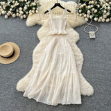 Super Fairy Vacation Wearing Women's Summer Dress Pure Desire Elastic Sling Sling Vest Hollow Embroidered High-Rise Half-Schamin Dress Suit