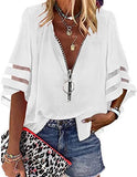 2025 New V-Neck Zipper Shirt Half-Horn Sleeve Grid Spliced Loose Casual Shirt For Women