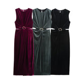 Women's Clothing 2025 New Elegant Sleeveless Buckle Embellishable Velvet Fande Dress