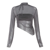 Spring 2025 Fashion Trend Women's New Long-Sleeved Square Necker Repair Exposed Umbilly Mesh Perspective T-Shirt