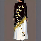 Fashion Women's Autumn And Winter Butterfly Print Long-Sleeved Dress Pocket Temperament Round Tie Sling A Word Long Dress