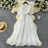 French High-End Temperament Dress Women 2025 Summer Fashion Strap To Single Buckle Embroidery Mesh Dress