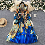 High-End Elegant Dress Women Fashion Nail Ball Collar Hollow Pressure Folding Lantern Sleeves To Print Long Skirt