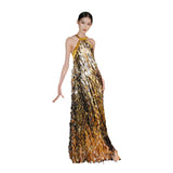 Golden New Chinese Dress Light Luxury Niche 2025 New Famous Wind Hanging Neck Heavy Industry Slew Sexy Bare Back Dress