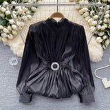 High-Level French-Style Waist-Low-Down Shirt Female Careful Machine Strap Design With A Chic Folded Lotus Leaves Hem French Top