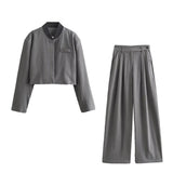 2025 New Women's Loose Casual Long-Sleeved Striped Jacket Top High Waist Wide Leg Trousers Set