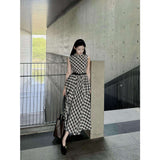 French Design Lattice Sleeveless Round-Neck Dress Women 2025 Summer New Slim Retro Long Dress