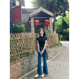 French Blue High-Rise Self-Healing Micro-Tipped Jeans Women Spring And Autumn New Niche Without Legs Horseshoe Long Trousers