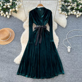 French Light Luxury Famous Woman High-End Sense V Collar Long Sleeve Strap To Close The Waist Velvet Dress Women Autumn And Winter Lanky Dress