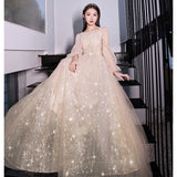 Evening Dress Women 2025 New Champagne Long-Sleeved Banquet Temperament Simple Thin Host Art Exam Dress
