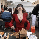 Red Sexy Pure Desire V Collar Knitted Shirt Girl Autumn New Hottie Temperament Lace With Long-Sleeved Top