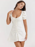 2025 New Women's White French Sexy Short Dress V Neck Bubble Sleeve Summer Dress