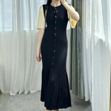 Women's Clothing Exploding Fashion Simple Solid Color Button Short Sleeves Knitted Dress