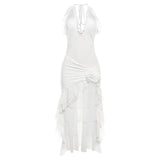Spring 2025 Fashion Trend Women's New Hanging Neck Bare Back Body Solid Color Lotus Leaf Side Dress